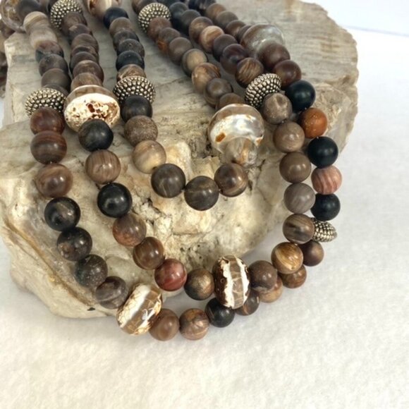 Sterling Silver 925 Tiered Brown Jasper Agate Layered 3 Strand Beaded Necklace - Picture 12 of 16